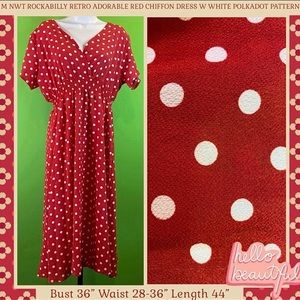M NWT FALL DRESS RED & WHITE POLKADOT ROCKABILLY SURPLICE SMOCKED WAIST